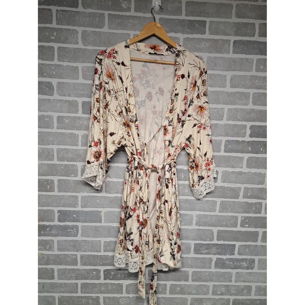 Floral Lace Trim Women's Robe - Cream Floral